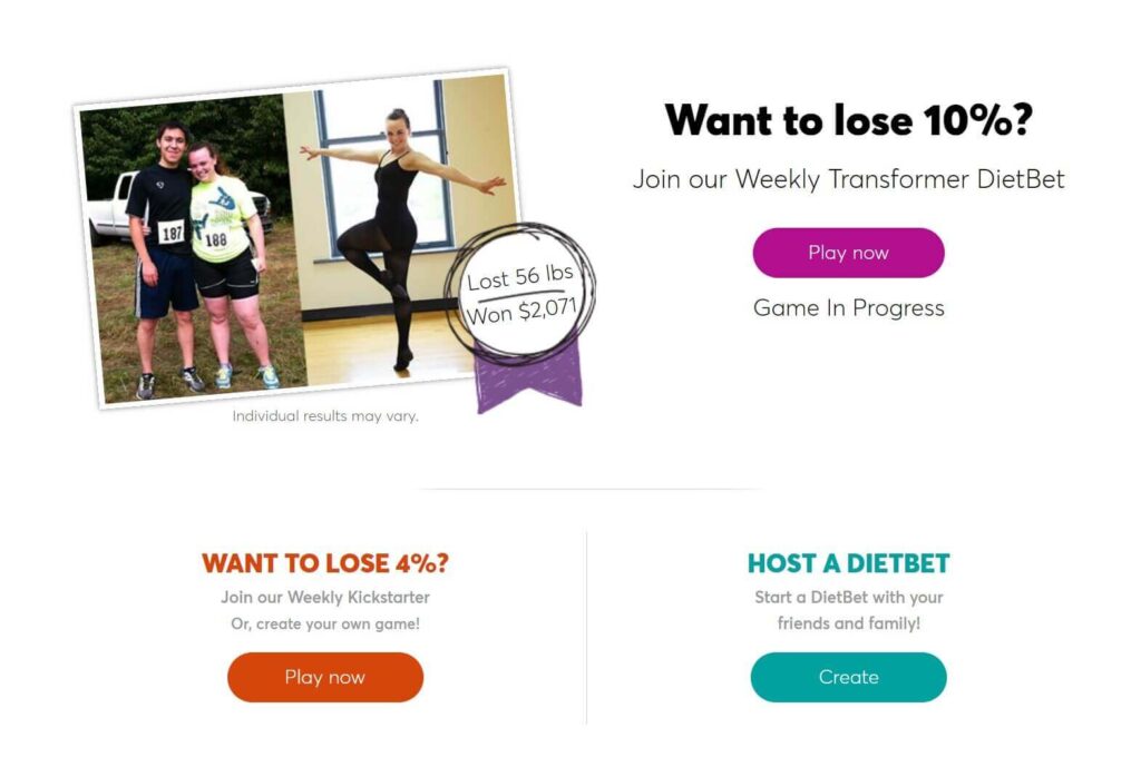 Screenshot of DietBet's homepage