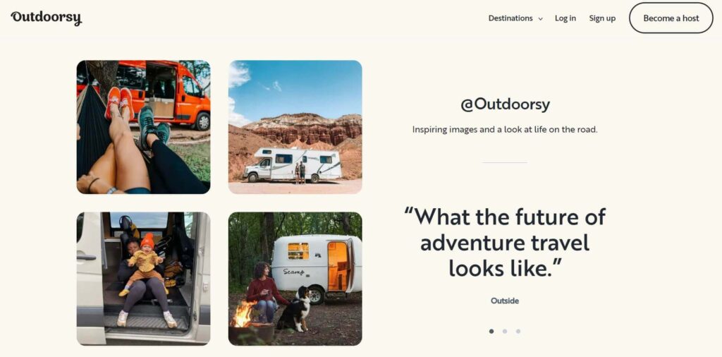 Screenshot of Outdoorsy homepage