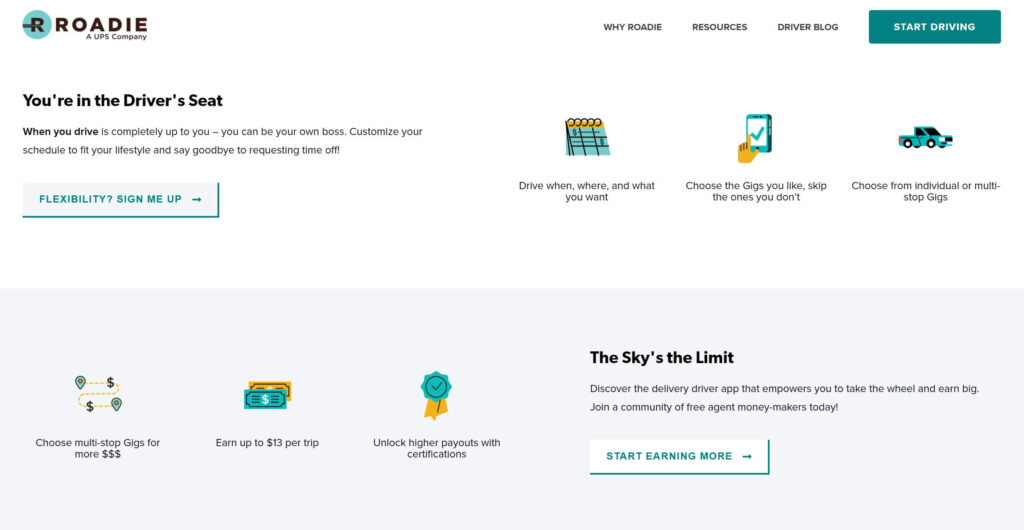 Screenshot of Roadie landing page for drivers