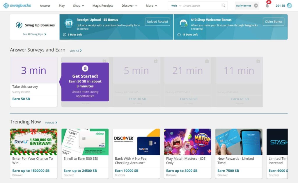 Screenshot of Swagbucks dashboard