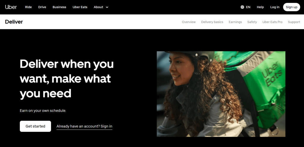 Screenshot of the Uber Eats homepage for delivery drivers