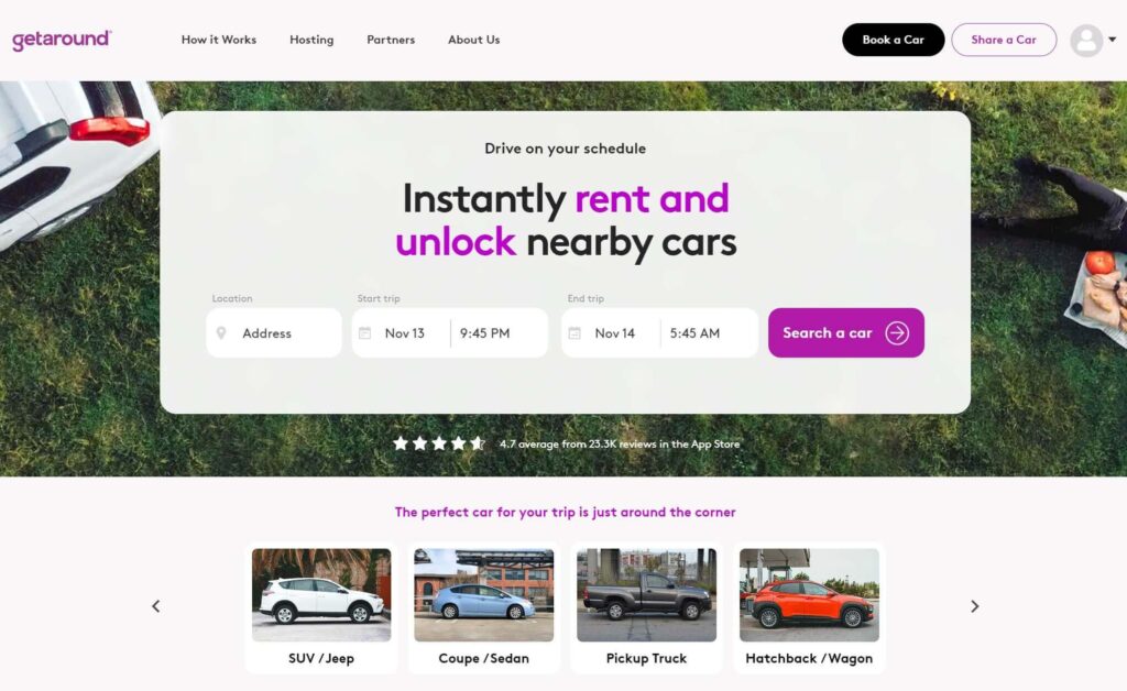 Screenshot of Getaround homepage