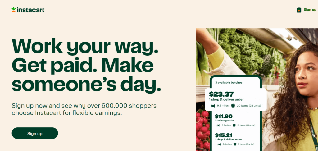 Screenshot of landing page for Instacart drivers